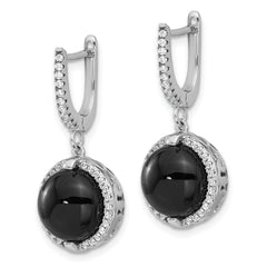 Sterling Silver Rhodium-plated Polished Onyx & CZ Halo Dangle Earrings