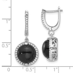 Sterling Silver Rhodium-plated Polished Onyx & CZ Halo Dangle Earrings