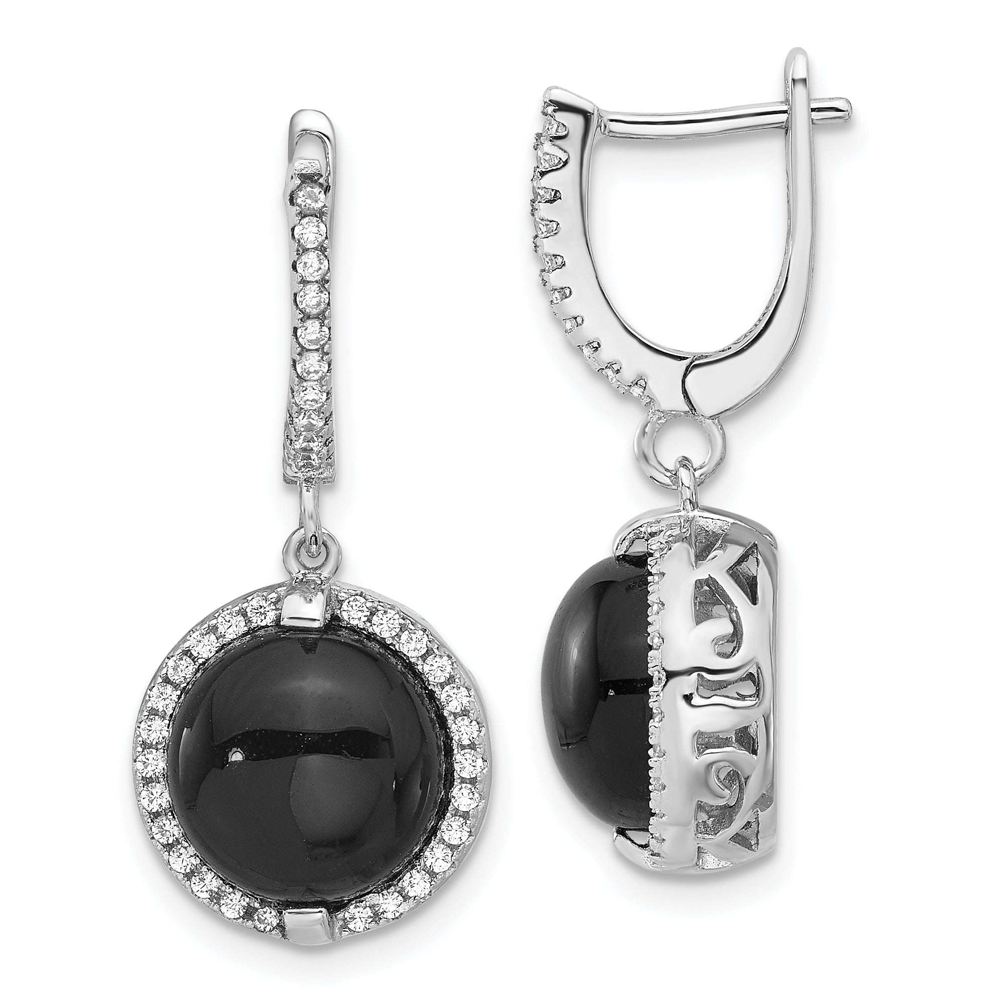 Sterling Silver Rhodium-plated Polished Onyx & CZ Halo Dangle Earrings