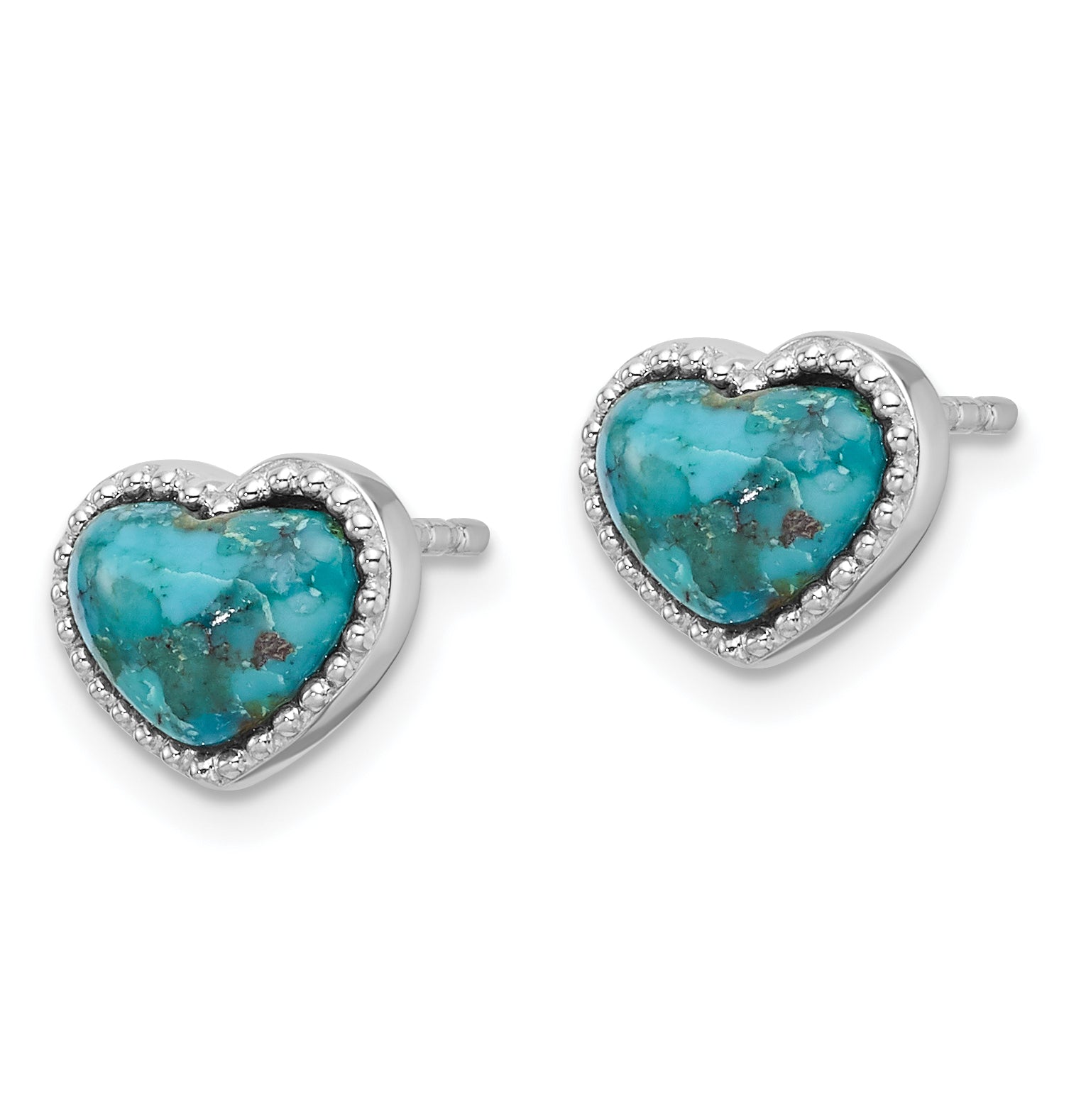 Sterling Silver RH-pltd Beaded Edge Recon. Turquoise Heart Post Earrings