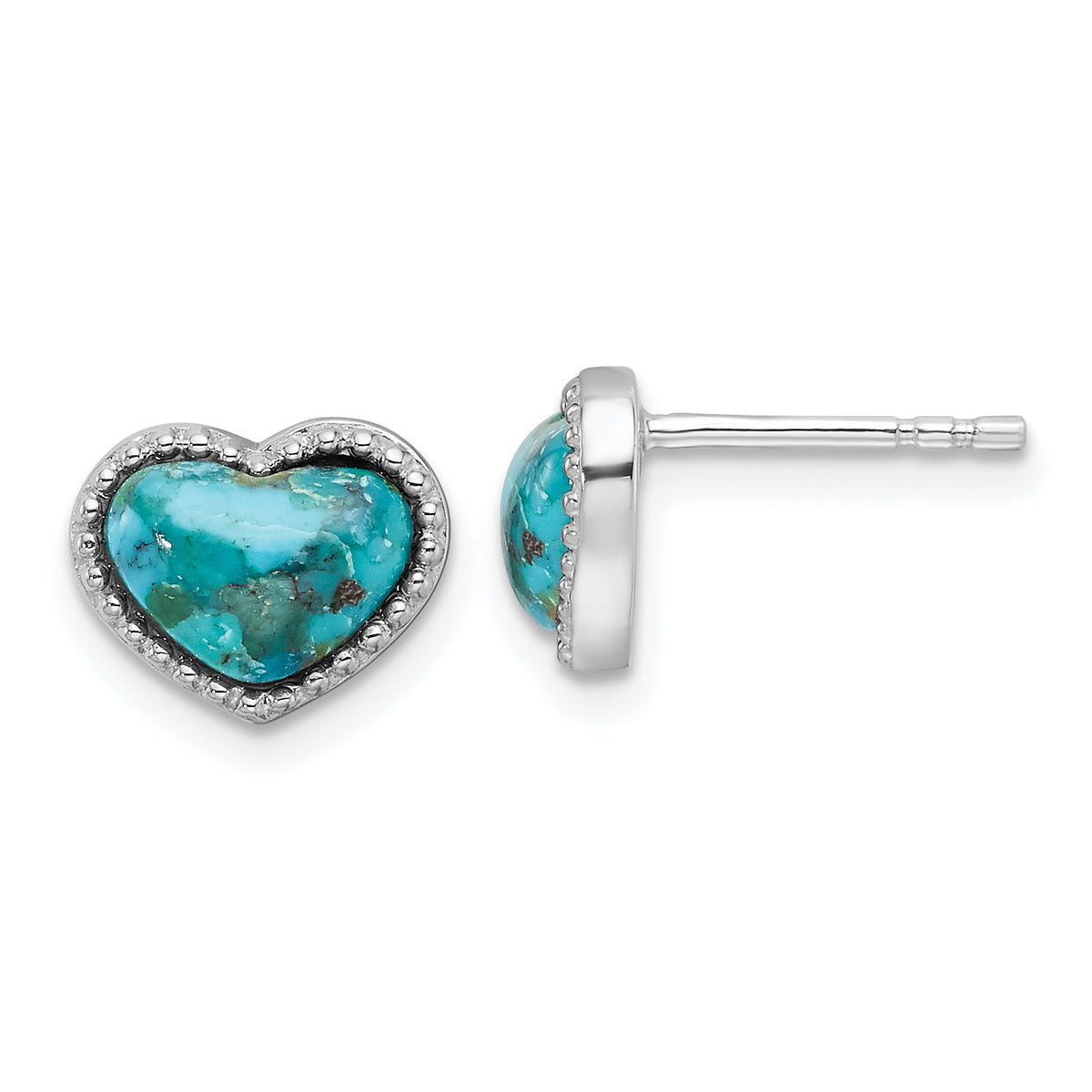 Sterling Silver RH-pltd Beaded Edge Recon. Turquoise Heart Post Earrings