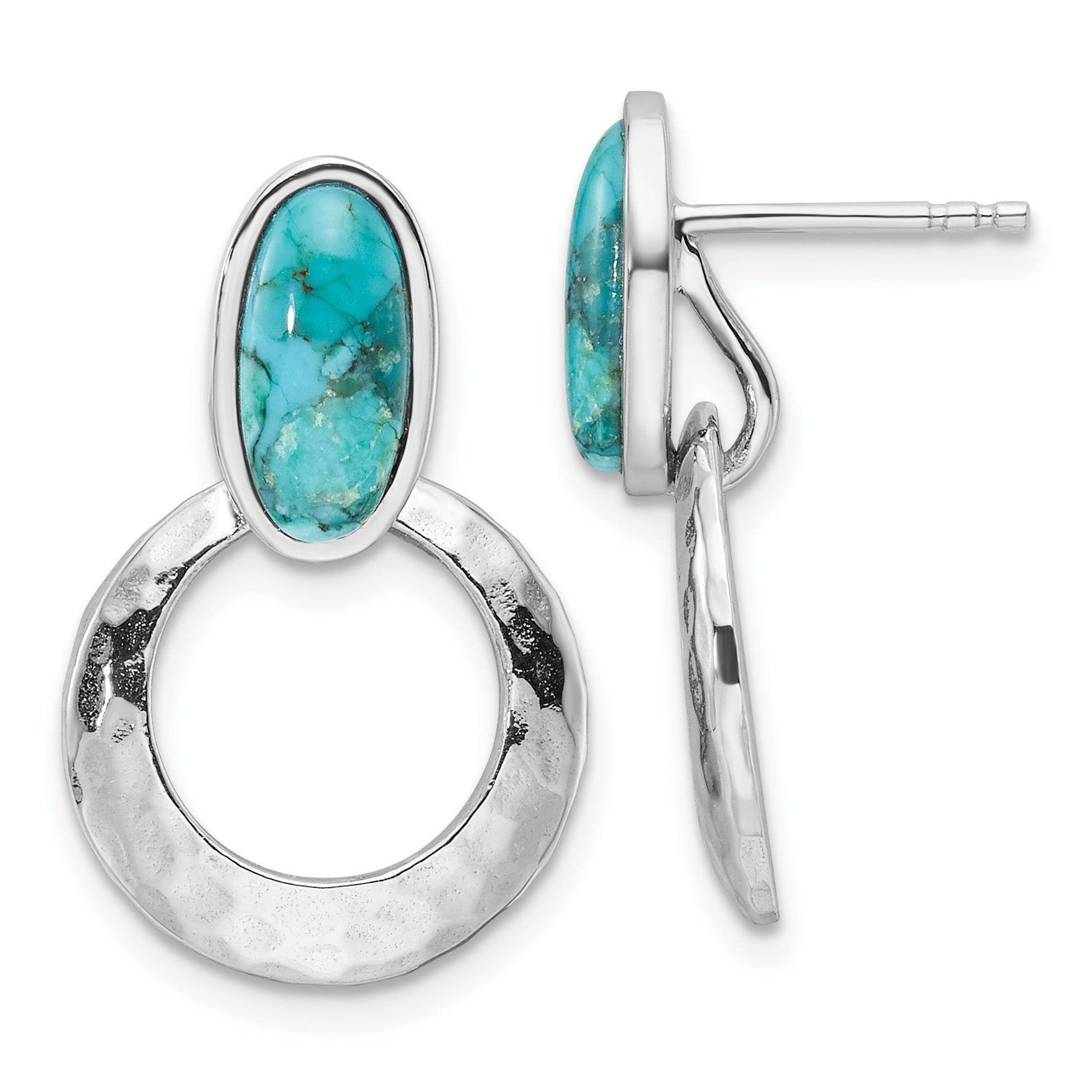 Sterling Silver Rhodium-plated Polished & Hammered Reconstituted Turquoise Post Dangle Earrings