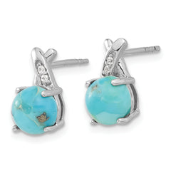 Sterling Silver Rhod-plated Polished CZ & Recon. Turquoise Post Earrings