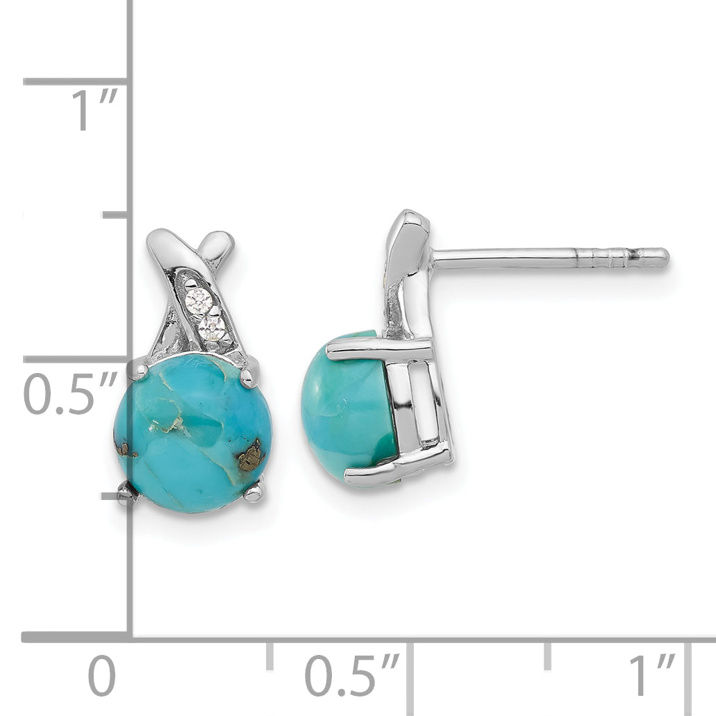 Sterling Silver Rhod-plated Polished CZ & Recon. Turquoise Post Earrings