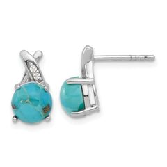 Sterling Silver Rhod-plated Polished CZ & Recon. Turquoise Post Earrings