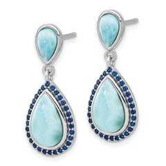 Sterling Silver RH-plated Blue CZ & Larimar Teardrop Post Dangle Earrings