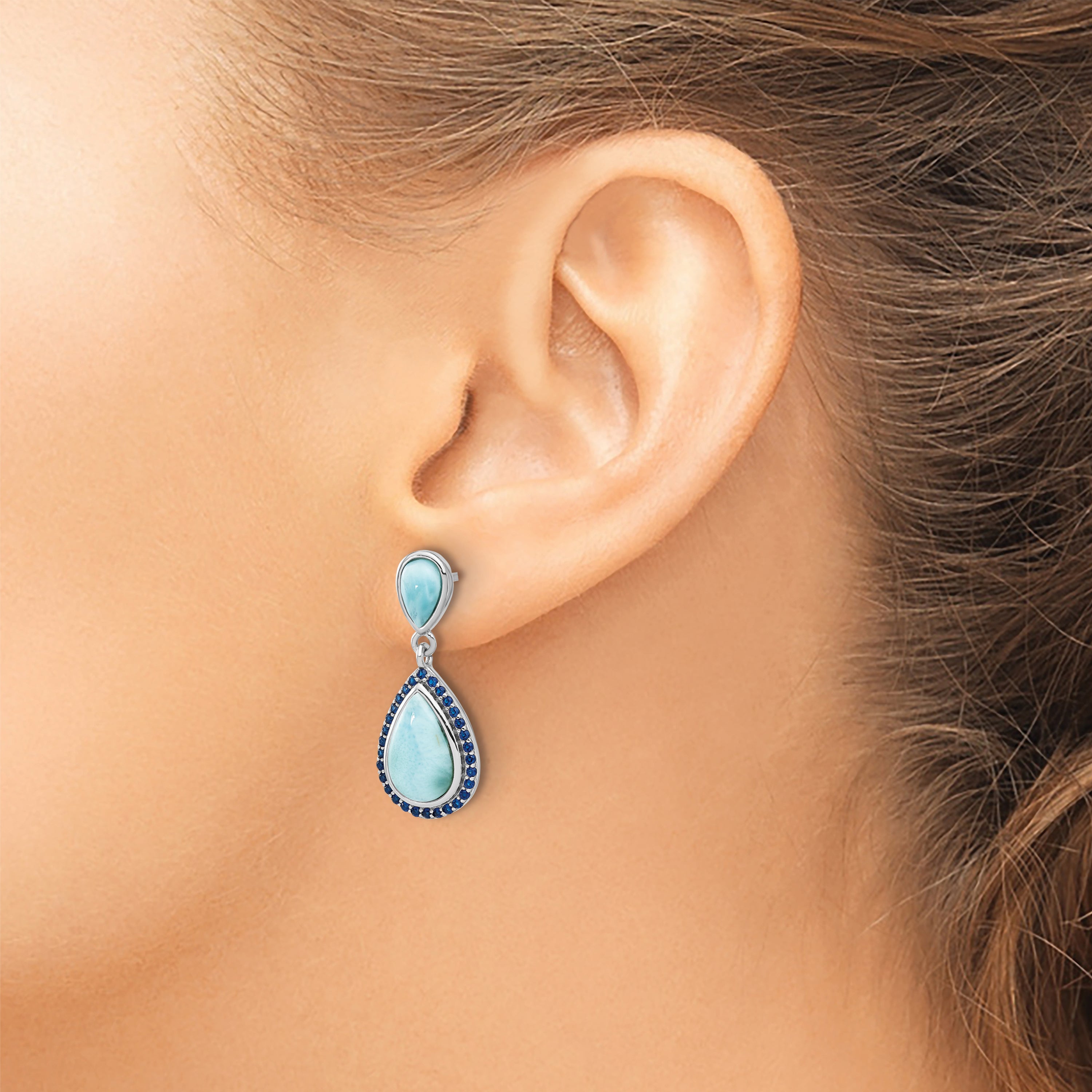 Sterling Silver RH-plated Blue CZ & Larimar Teardrop Post Dangle Earrings