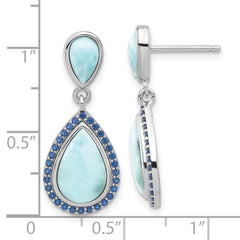 Sterling Silver RH-plated Blue CZ & Larimar Teardrop Post Dangle Earrings