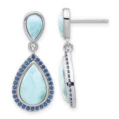 Sterling Silver RH-plated Blue CZ & Larimar Teardrop Post Dangle Earrings