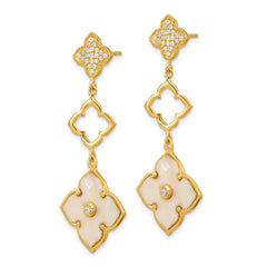 Sterling Silver Gold-tone Polished MOP & CZ Floral Post Dangle Earrings