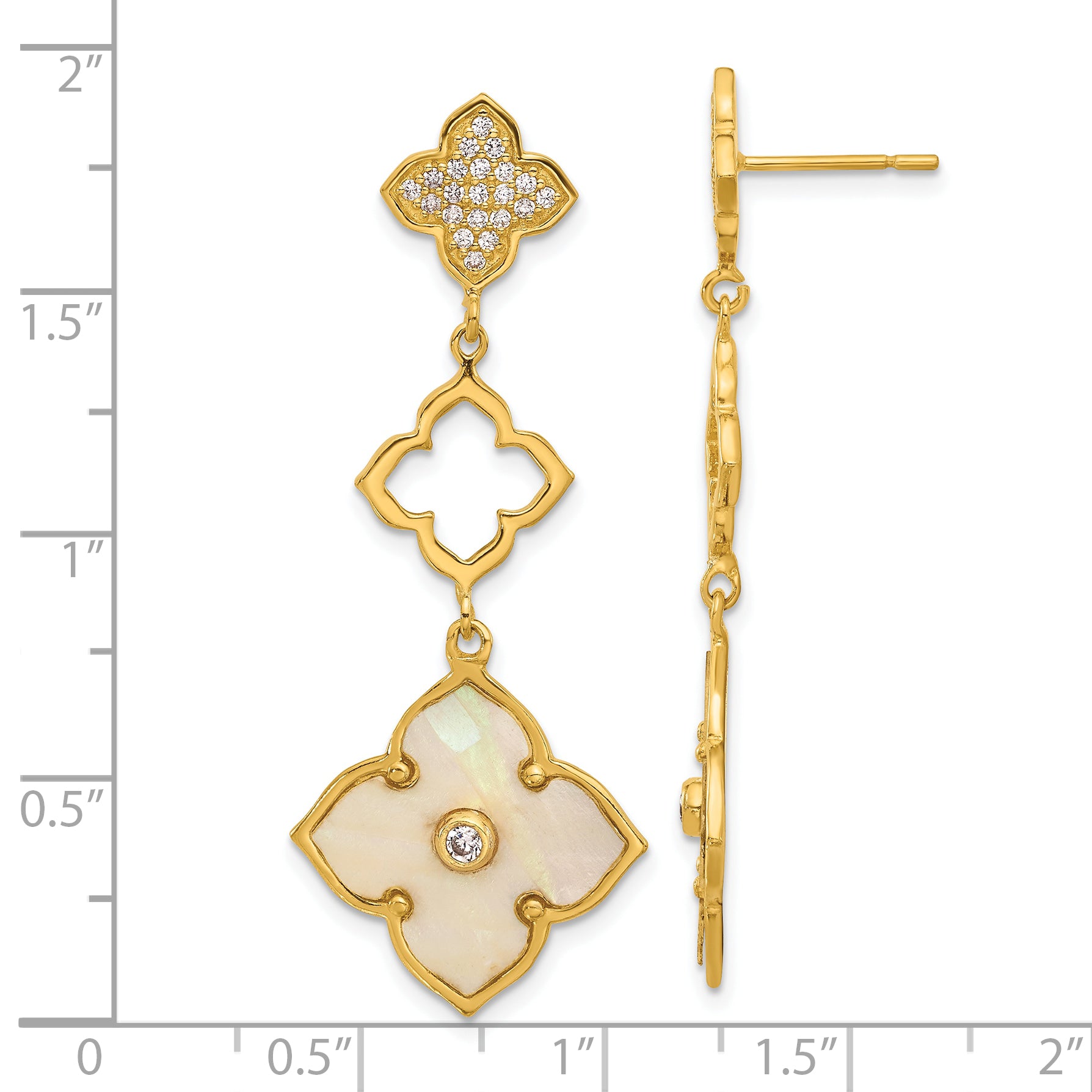 Sterling Silver Gold-tone Polished MOP & CZ Floral Post Dangle Earrings