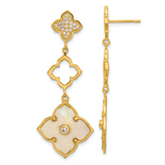 Sterling Silver Gold-tone Polished MOP & CZ Floral Post Dangle Earrings