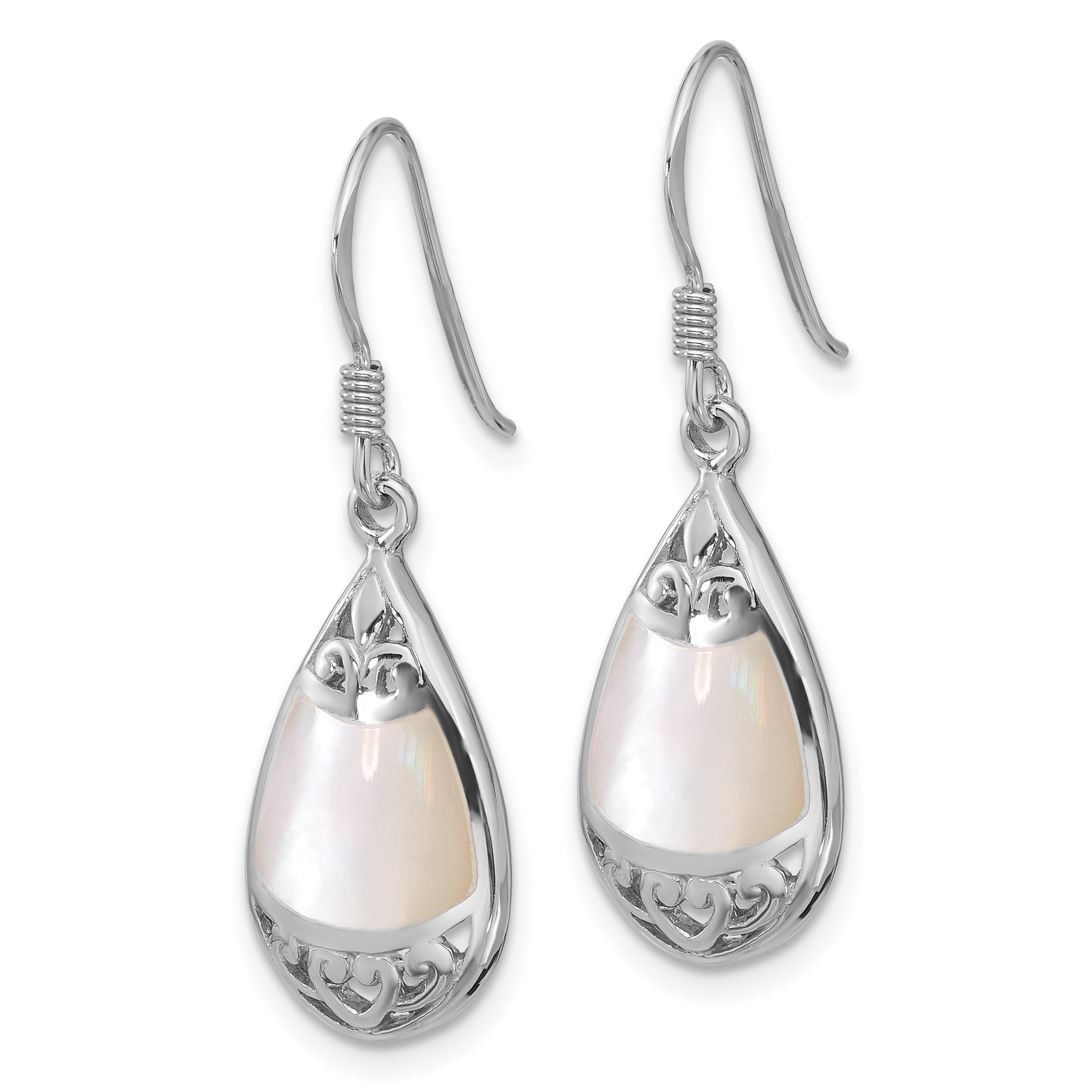 Sterling Silver RH-plated Polished MOP Filigree Teardrop Dangle Earrings