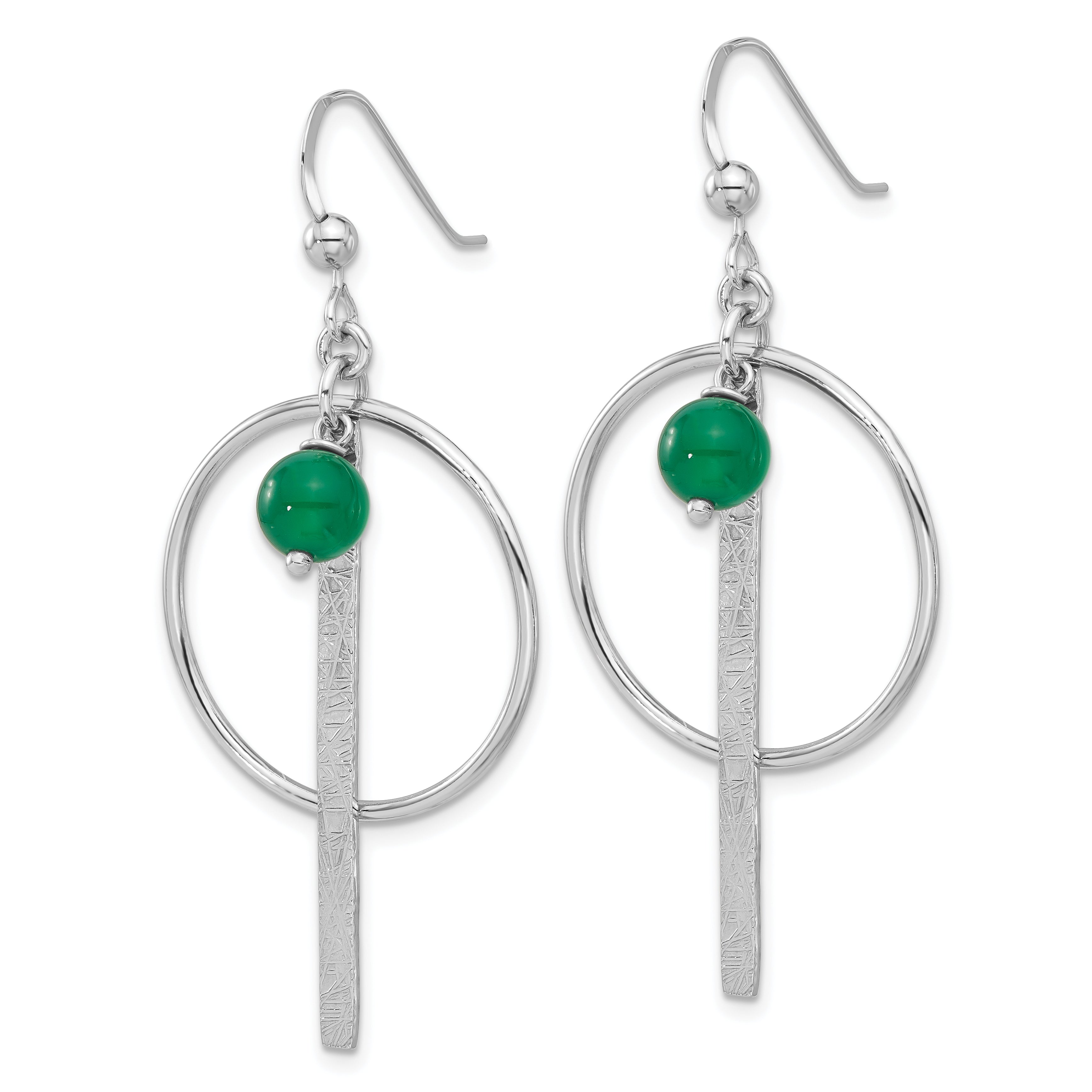 Sterling Silver Rhodium-plated Circle/Bar Green Onyx Dangle Earrings