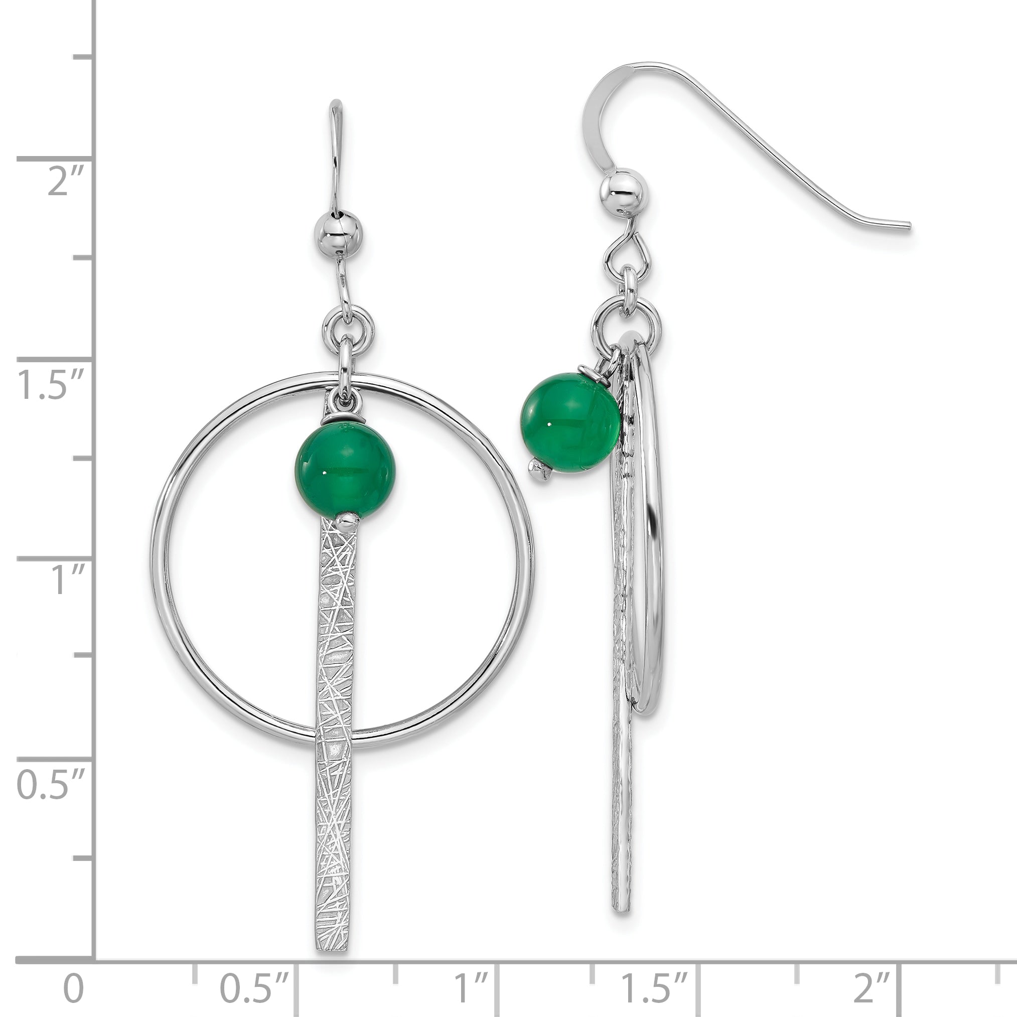 Sterling Silver Rhodium-plated Circle/Bar Green Onyx Dangle Earrings