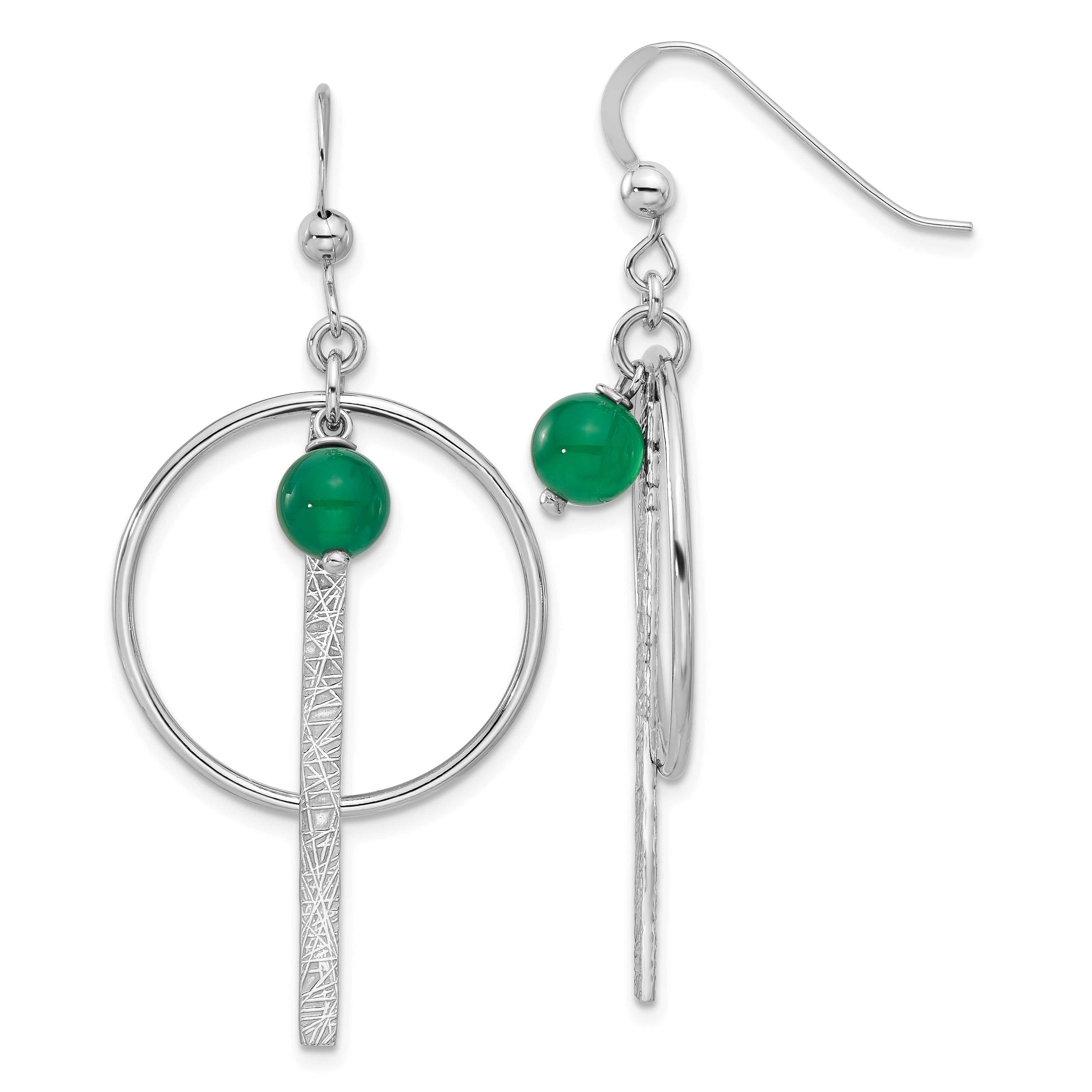 Sterling Silver Rhodium-plated Circle/Bar Green Onyx Dangle Earrings