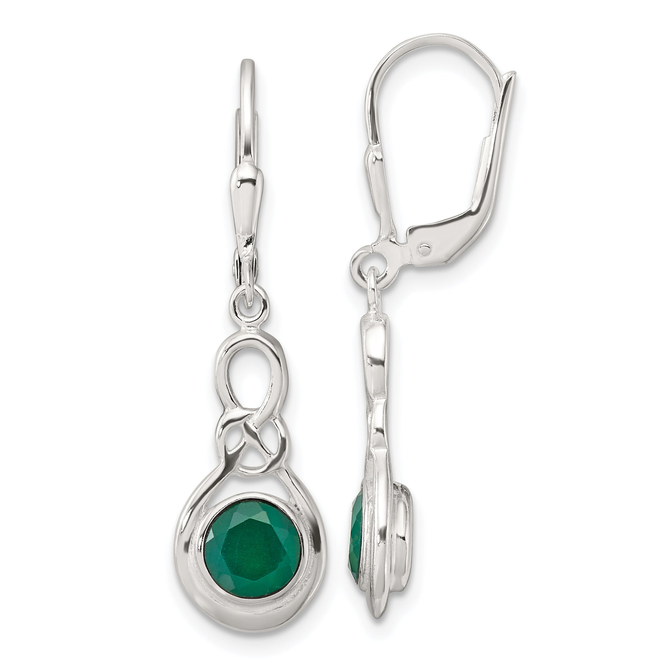 Sterling Silver Polished Green Onyx Knot Leverback Dangle Earrings