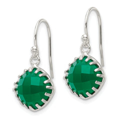 Sterling Silver Polished Checkerboard Green Onyx Cushion Dangle Earrings