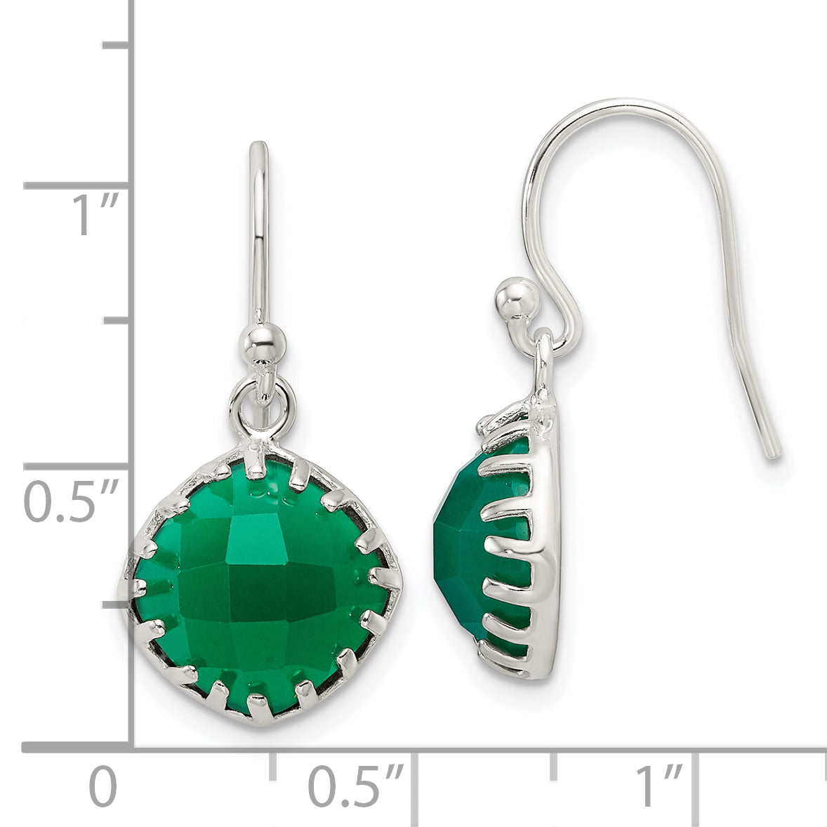 Sterling Silver Polished Checkerboard Green Onyx Cushion Dangle Earrings