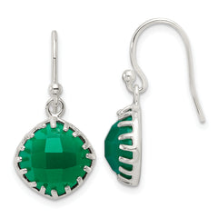 Sterling Silver Polished Checkerboard Green Onyx Cushion Dangle Earrings