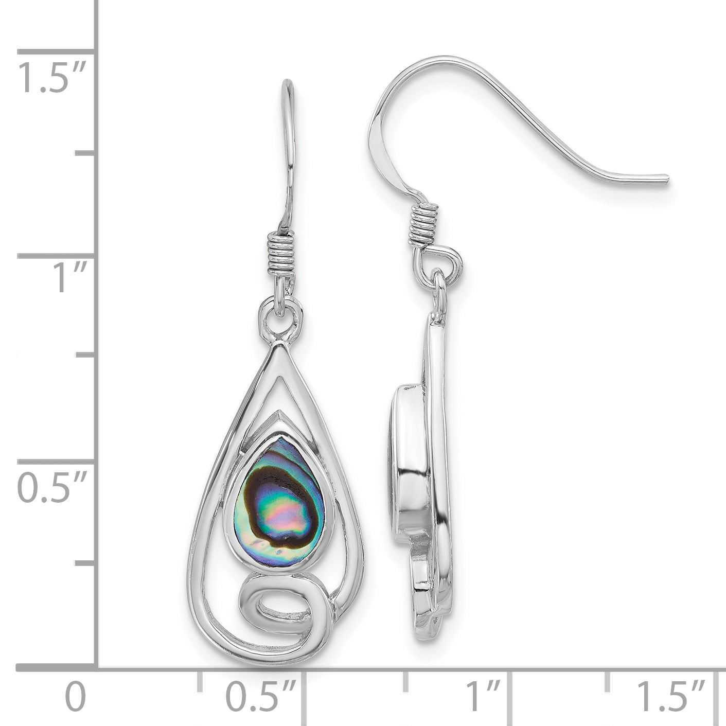 Sterling Silver RH-plated Polished Abalone Swirl Teardrop Dangle Earrings