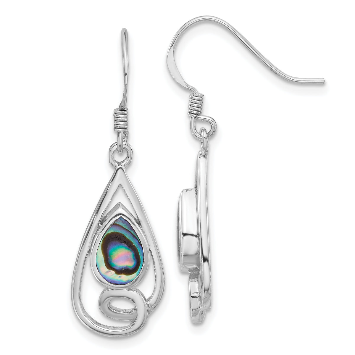 Sterling Silver RH-plated Polished Abalone Swirl Teardrop Dangle Earrings