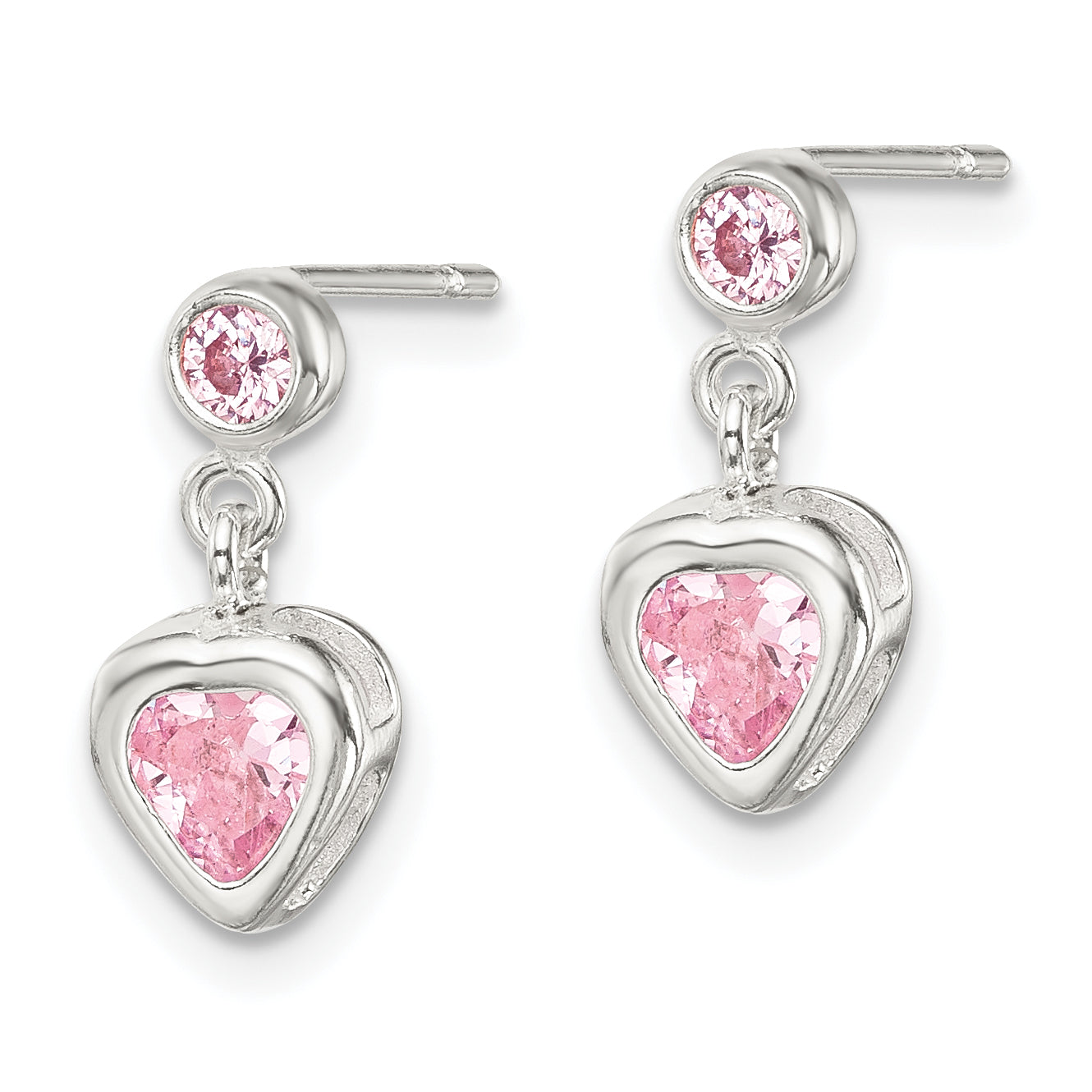 Sterling Silver Polished Pink Heart CZ Post Dangle Earrings