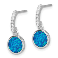 Sterling Silver RH-plated Polished CZ & Blue Cr. Opal Post Dangle Earrings