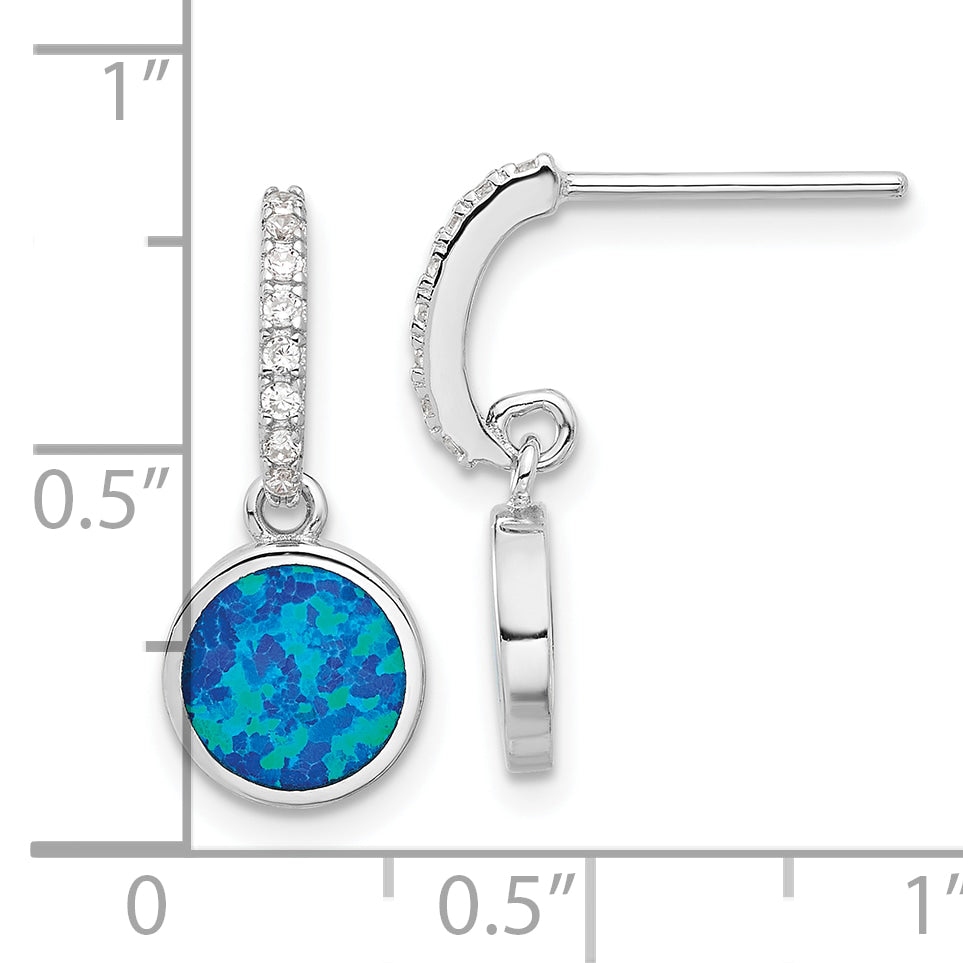 Sterling Silver RH-plated Polished CZ & Blue Cr. Opal Post Dangle Earrings