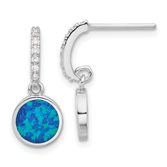 Sterling Silver RH-plated Polished CZ & Blue Cr. Opal Post Dangle Earrings