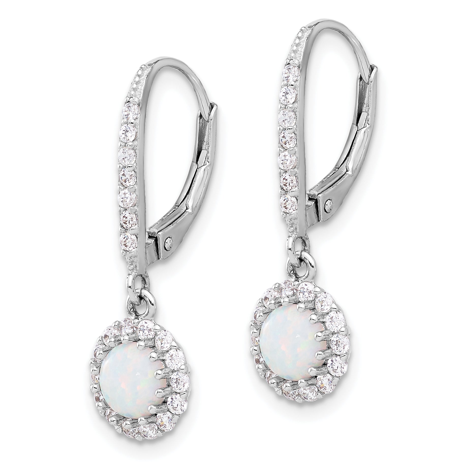 Sterling Silver RH-plated CZ & Cr. Opal Halo Dangle Leverback Earrings