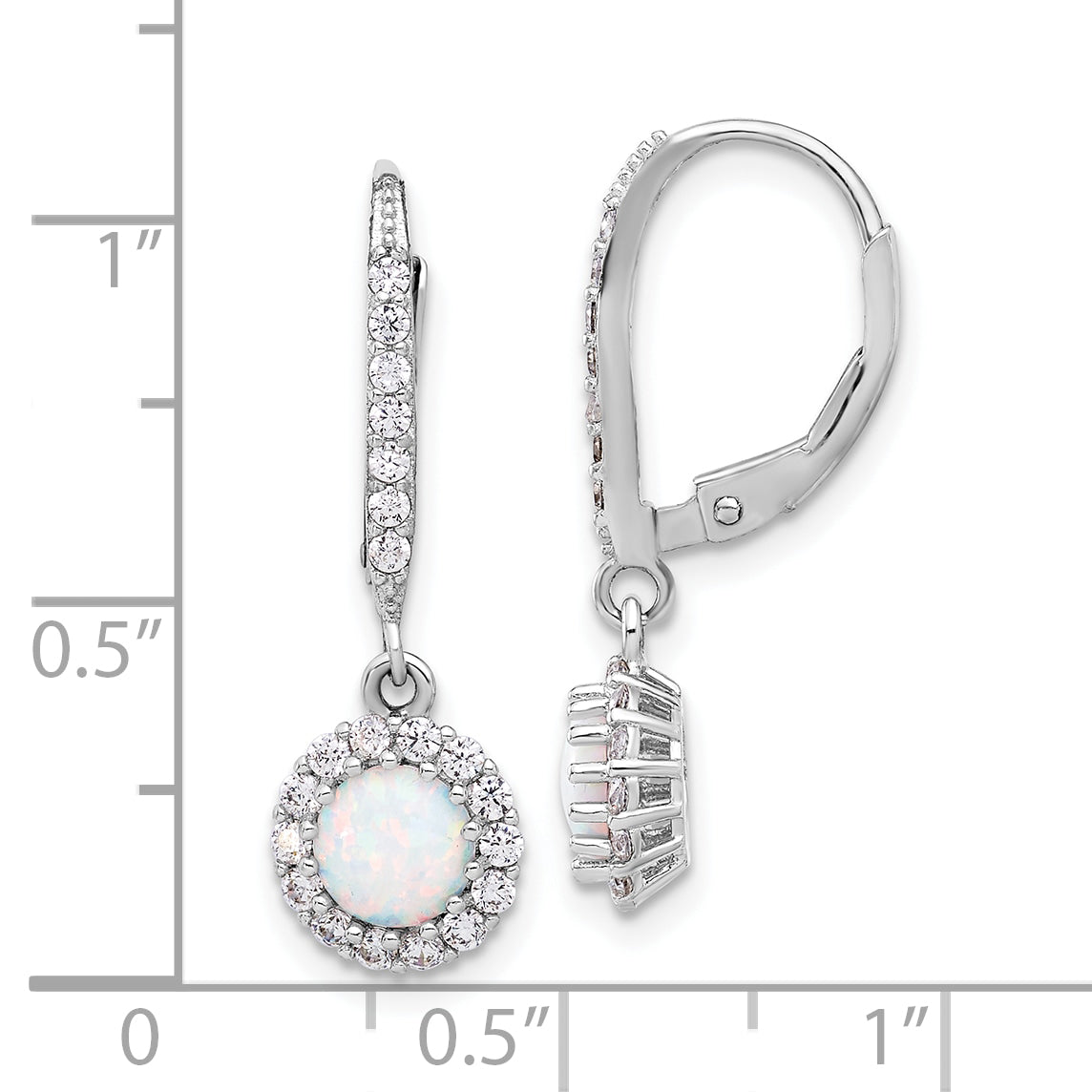 Sterling Silver RH-plated CZ & Cr. Opal Halo Dangle Leverback Earrings