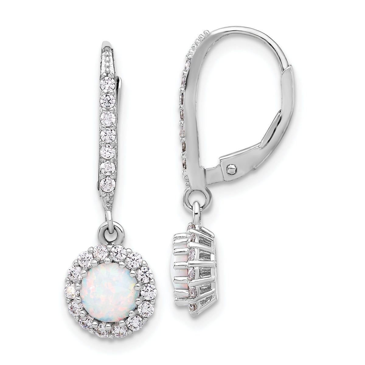 Sterling Silver RH-plated CZ & Cr. Opal Halo Dangle Leverback Earrings