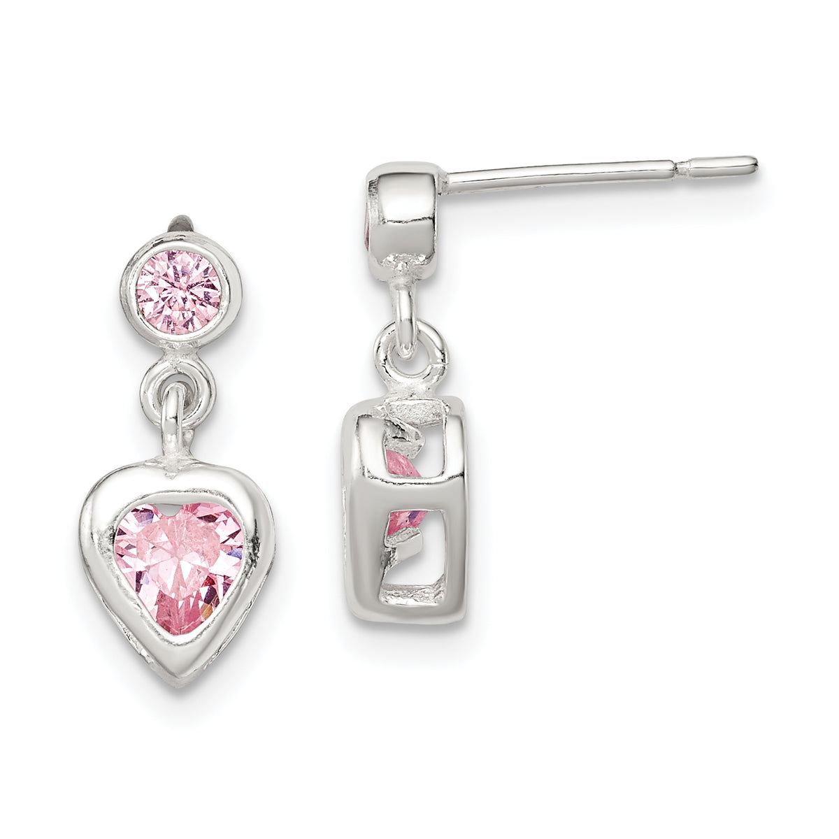 Sterling Silver Polished Pink Heart CZ Post Dangle Earrings