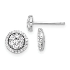 Sterling Silver Rhodium-plated CZ Cluster w/ Halo Jacket Post Earrings