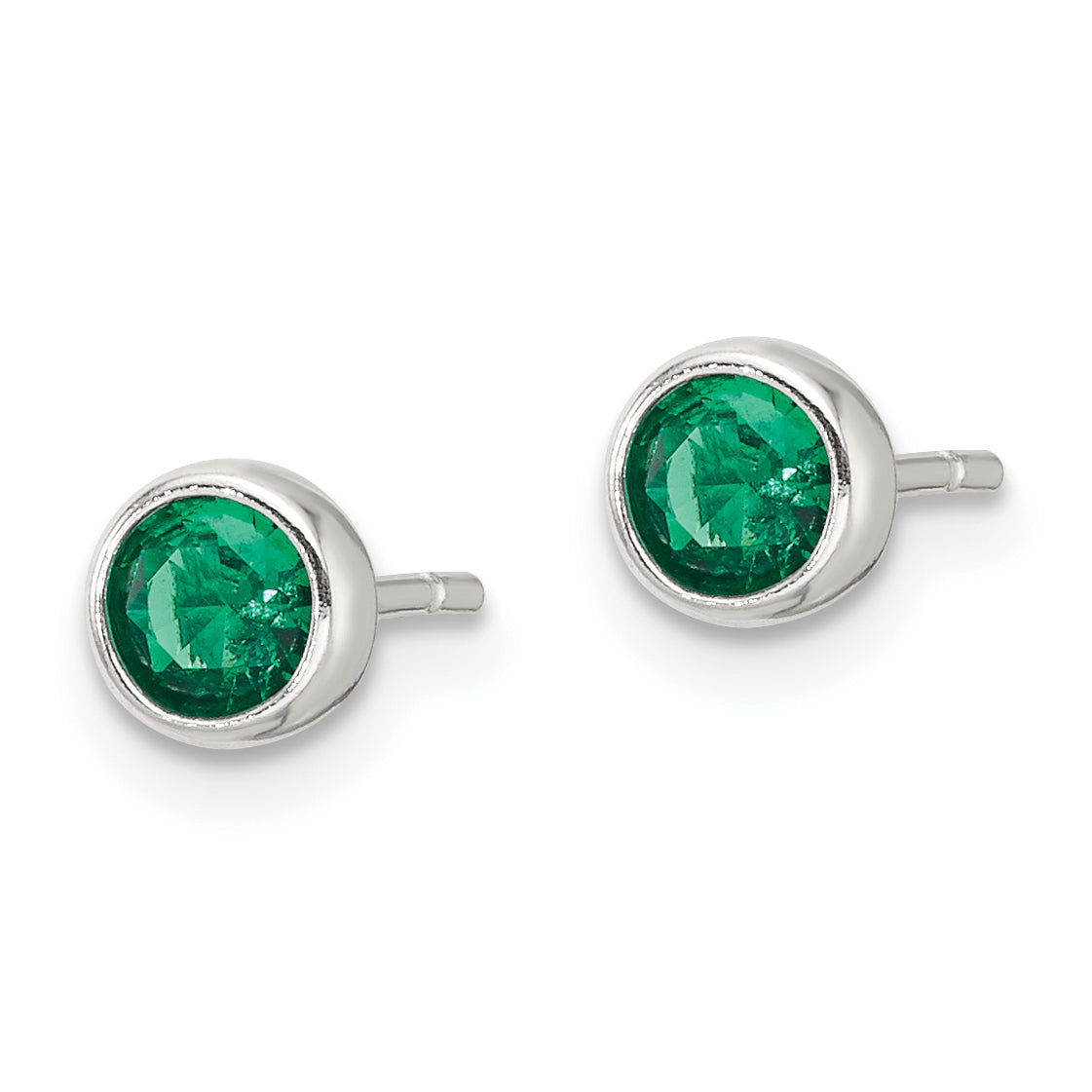 Sterling Silver Polished Green Glass Round Bezel Stud Earrings