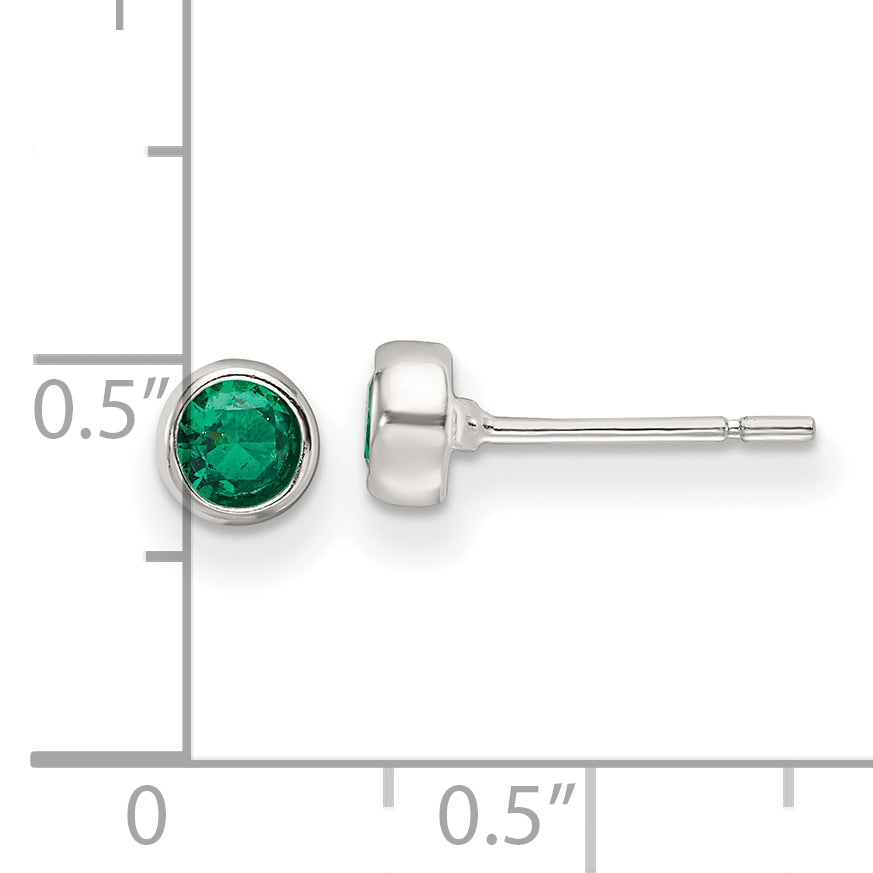 Sterling Silver Polished Green Glass Round Bezel Stud Earrings