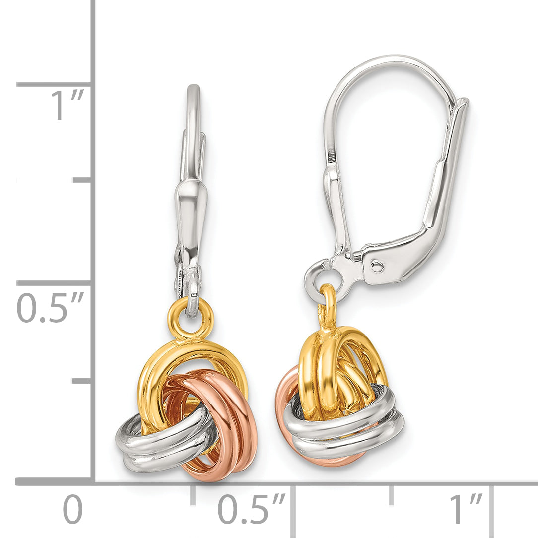 Sterling Silver Rose and Gold-tone Love Knot Dangle Leverback Earrings