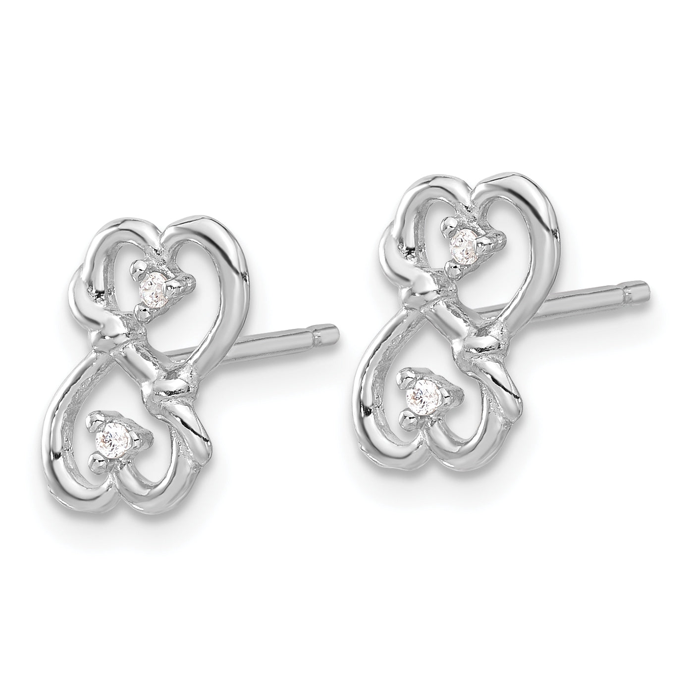 Sterling Silver Rhodium-plated Polished  Double Heart with CZ Post Earrings