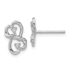 Sterling Silver Rhodium-plated Polished  Double Heart with CZ Post Earrings