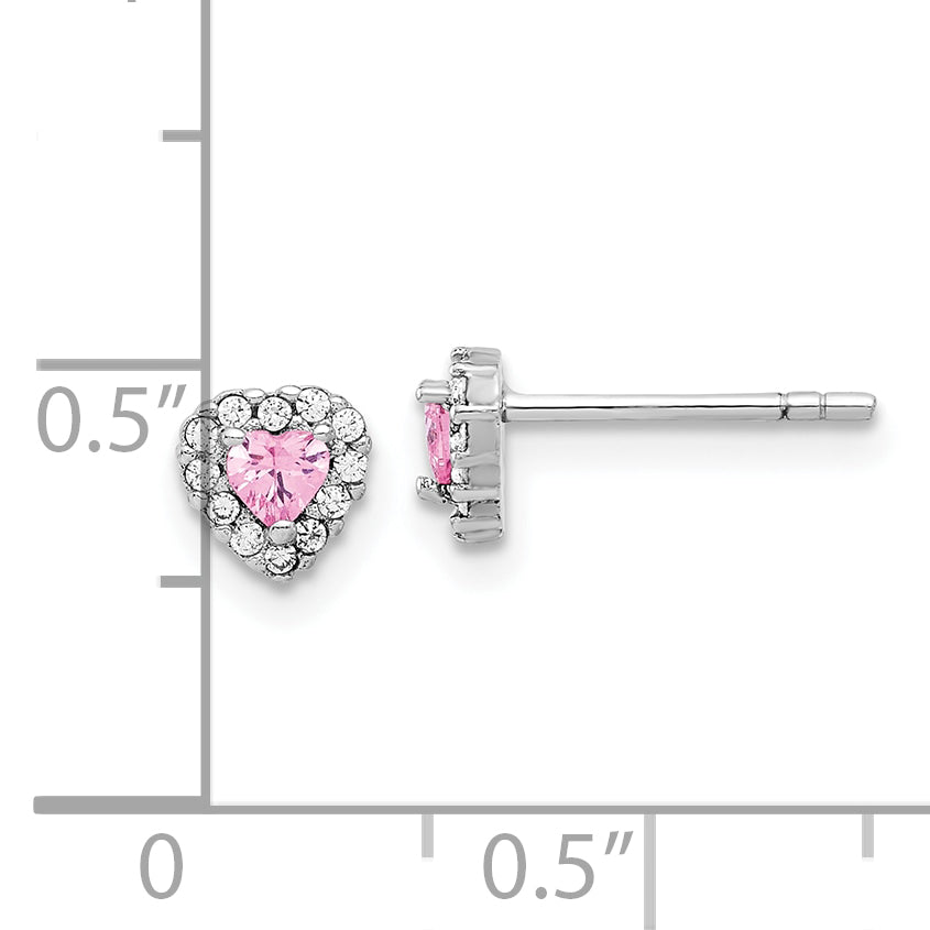 Sterling Silver Rhodium-plated Clear and Pink CZ Heart Post Earrings