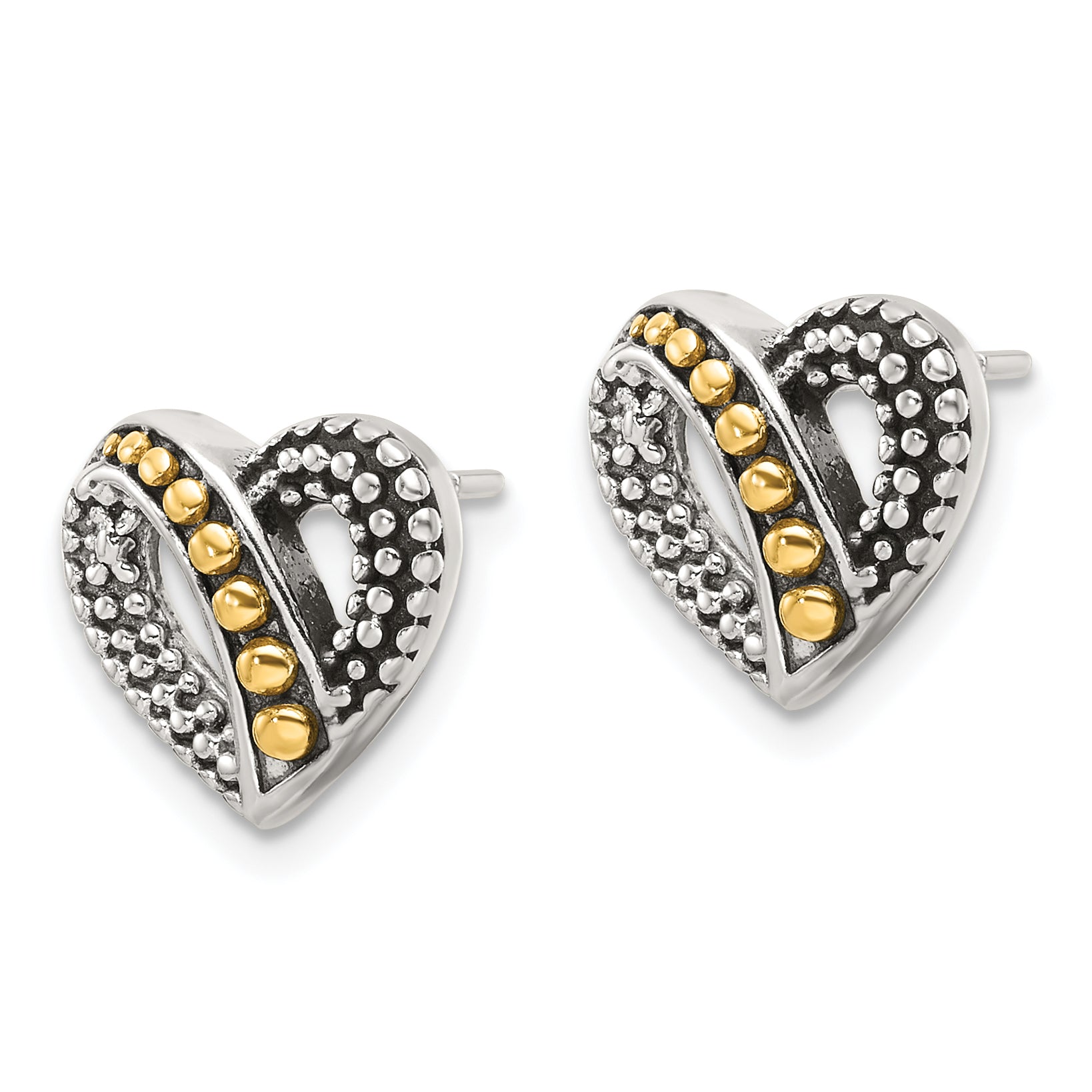 Sterling Silver Gold-tone Antiqued & Beaded Heart Earrings