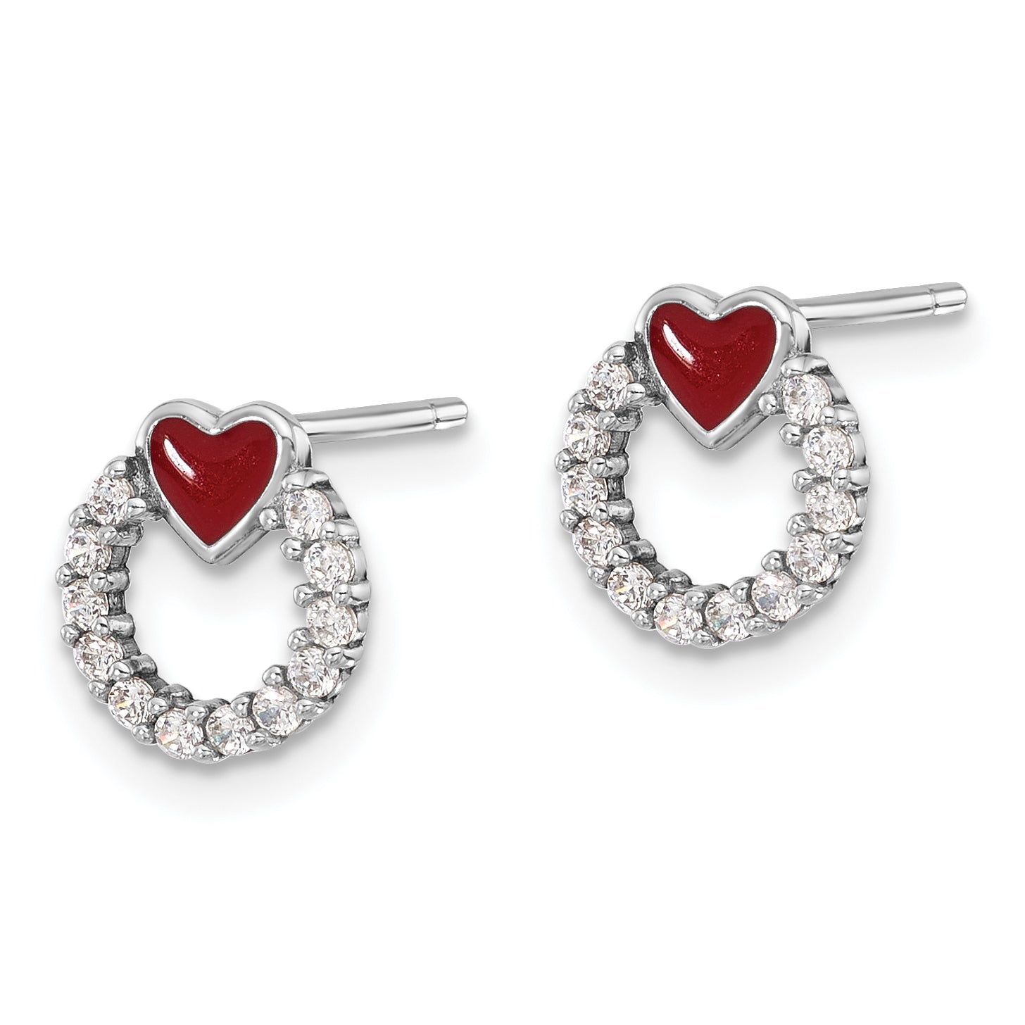 Sterling Silver Rhodium-plated Enamel CZ Heart Post Earrings