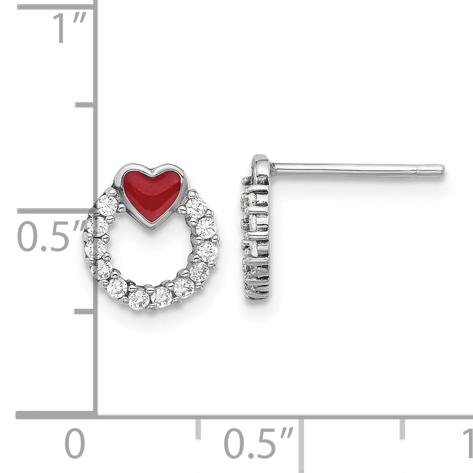 Sterling Silver Rhodium-plated Enamel CZ Heart Post Earrings