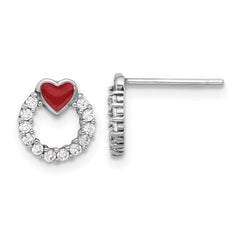 Sterling Silver Rhodium-plated Enamel CZ Heart Post Earrings