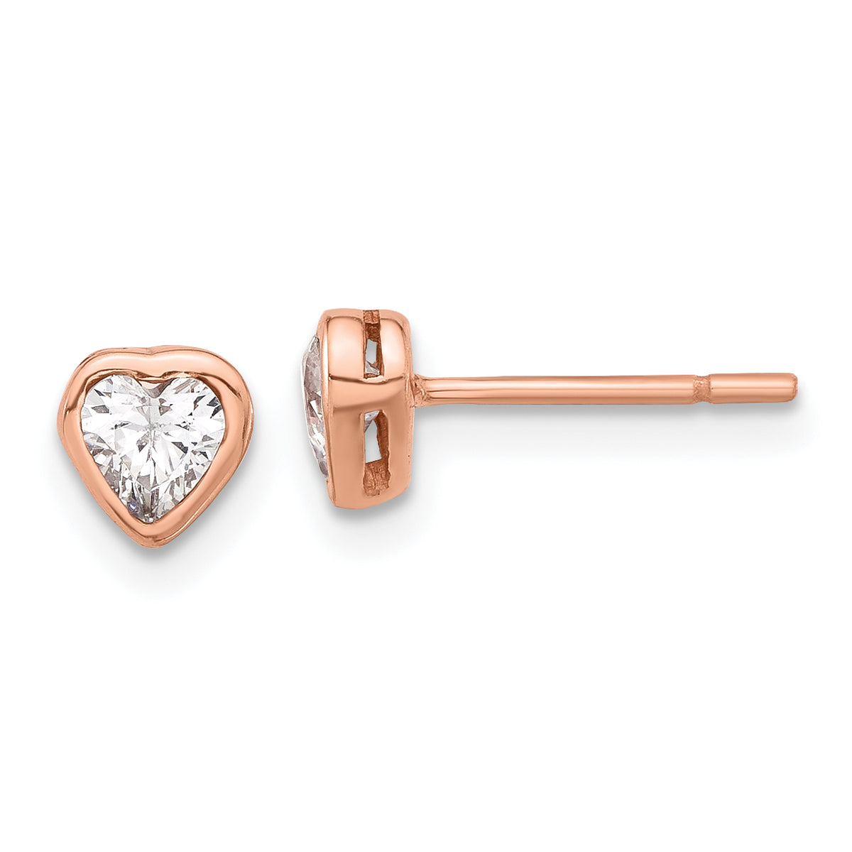 Sterling Silver Rose Tone CZ Bezel Heart Post Earrings