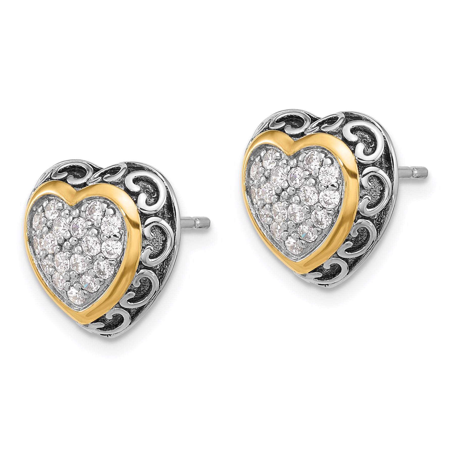 Sterling Silver Rh-plated  w/14k accent CZ Cluster Heart Post Earrings