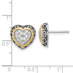 Sterling Silver Rh-plated  w/14k accent CZ Cluster Heart Post Earrings