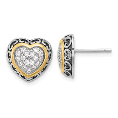 Sterling Silver Rh-plated  w/14k accent CZ Cluster Heart Post Earrings