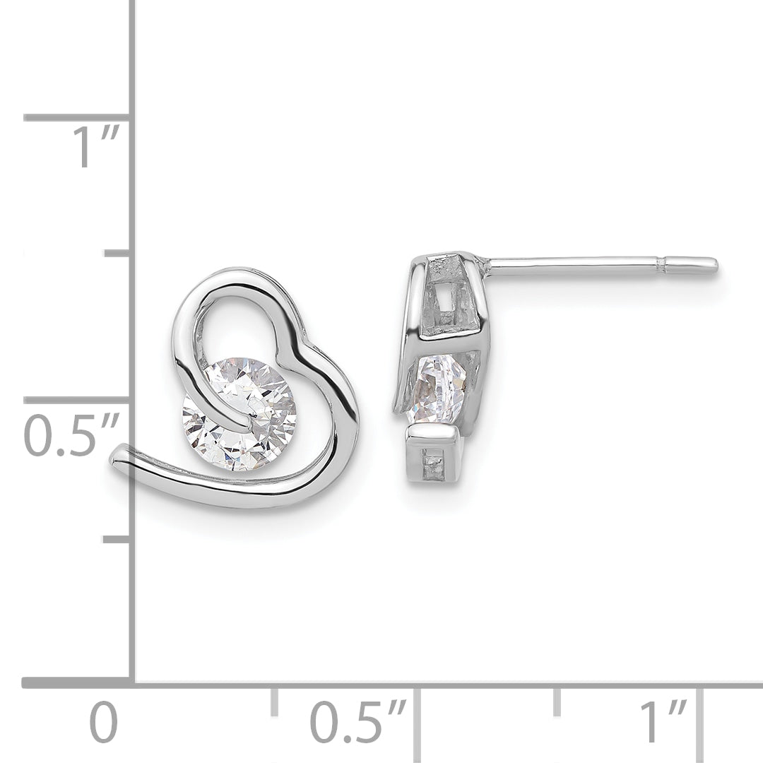 Sterling Silver Rhodium-plated Heart and CZ Post Earrings